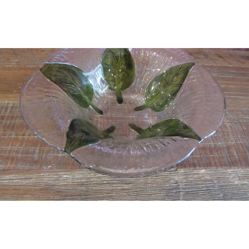 VTG 90s Fused Art Glass Green Leaf Bowl 6.5 Anne C Ross Studio Art Naturecore - Picture 4 of 5